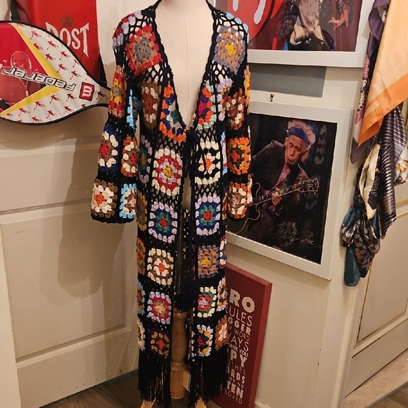 Pink Ripple Sweaters - Colorful Crochet Open-Front Long Maxi Hand Crafted Cardigan